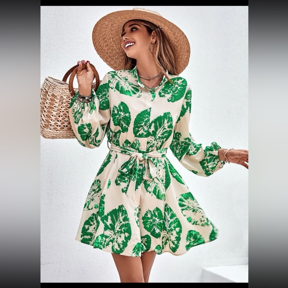 NWOT SHEIN Tropical Print Lantern Sleeve Belted Shirt Dress